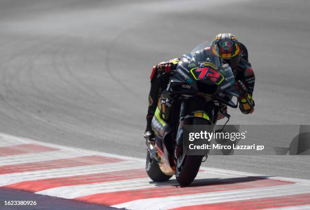Marco Bezzecchi of Italy and Mooney VR46 Racing Team heads down a straight during the MotoGP of Austria - Free Practice at Red Bull Ring on August...