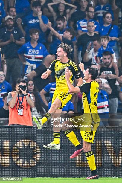Matteo Tramoni of Pisa celebrates with his team-mate Stefano Moreo after scoring a goal during the Serie B match between UC Sampdoria and Pisa at...