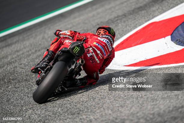 Francesco Bagnaia of Italy and Ducati Lenovo Team rides during the practice of the MotoGP CryptoDATA Motorrad Grand Prix von Österreich at Red Bull...