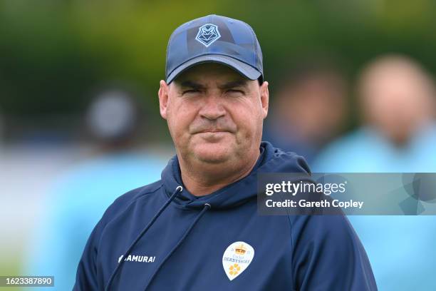 Derbyshire coach Mickey Arthur during the Metro Bank One Day Cup match between Derbyshire and Worcestershire Rapids at The Incora County Ground on...