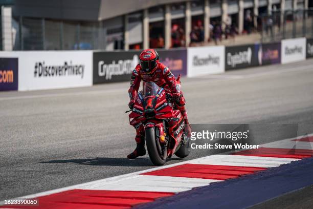 Francesco Bagnaia of Italy and Ducati Lenovo Team rides during the practice of the MotoGP CryptoDATA Motorrad Grand Prix von Österreich at Red Bull...