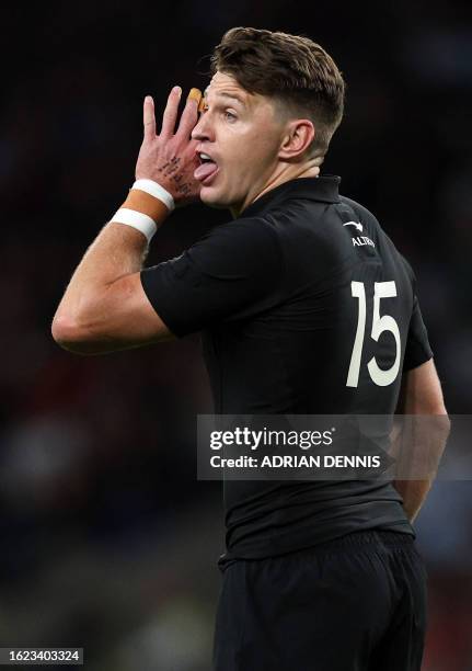 New Zealand's fullback Beauden Barrett shouts to team mates during the pre-World Cup Rugby Union match between New Zealand and South Africa at...