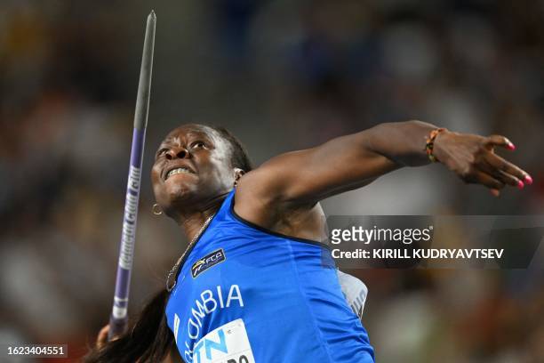 Colombia's Flor Denis Ruiz Hurtado competes in the women's javelin throw final during the World Athletics Championships at the National Athletics...