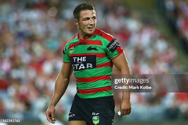 Sam Burgess of the Rabbitohs smiles as he watches on during the NRL Charity Shield match between the South Sydney Rabbitohs and the St George...