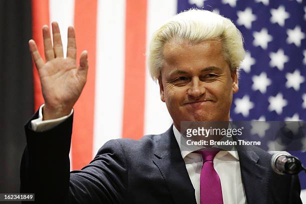 Dutch far-right politician and the founder and leader of the Party for Freedom, Geert Wilders speaks to members of the public on February 22, 2013 in...