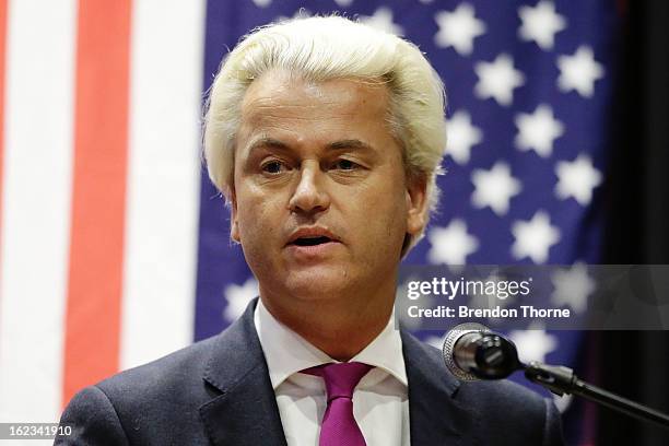 Dutch far-right politician and the founder and leader of the Party for Freedom, Geert Wilders speaks to members of the public on February 22, 2013 in...