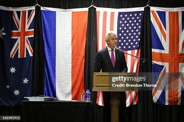 Dutch far-right politician and the founder and leader of the Party for Freedom, Geert Wilders speaks to members of the public on February 22, 2013 in...