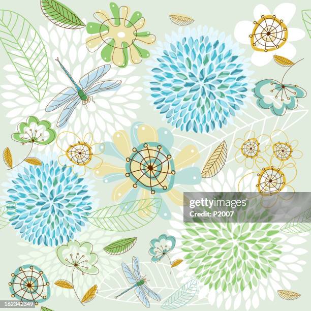 illustrazioni stock, clip art, cartoni animati e icone di tendenza di fresca primavera sfondo senza soluzione di continuità - libellula