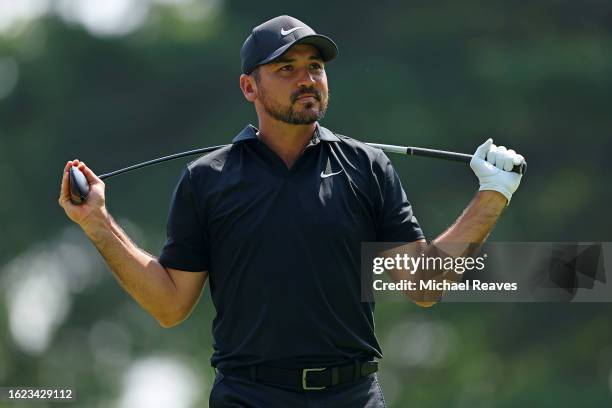 Jason Day of Australia reacts to his shot from the eighth tee during the second round of the BMW Championship at Olympia Fields Country Club on...