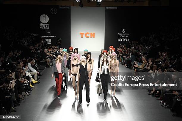 Model showcases designs by TCN on the runway at the TCN show during Mercedes Benz Fashion Week Madrid Fall/Winter 2013/14 at Ifema on February 21,...