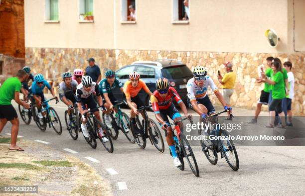 Santiago Buitrago Sanchez of Colombia and Team Bahrain Victorious and Oier Lazkano Lopez of Spain and Movistar Team lead the breakaway during the...