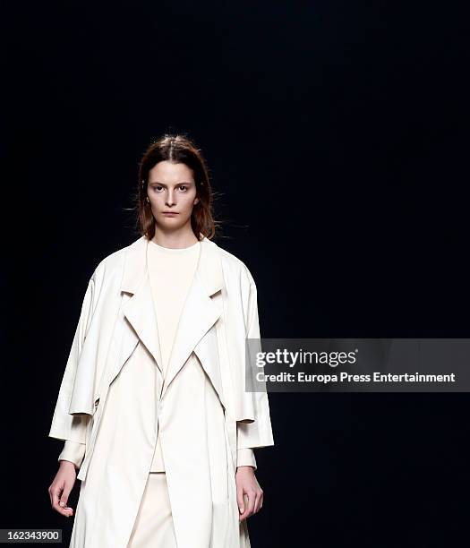 Model showcases designs by Martin Lamothe on the runway at the Martin Lamothe show during Mercedes Benz Fashion Week Madrid Fall/Winter 2013/14 at...
