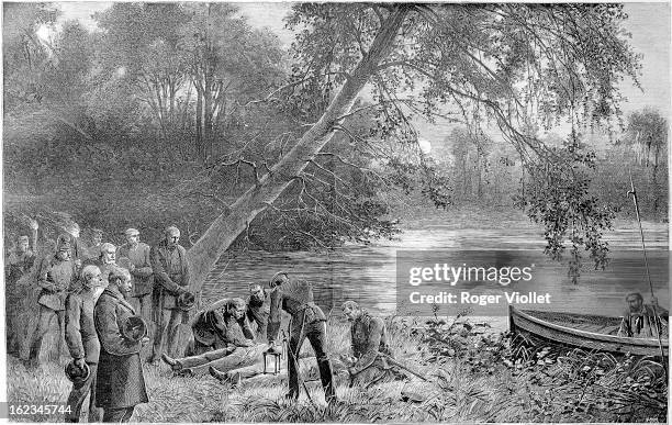 Discovery of the corpses of King Ludwig II of Bavaria and his doctor, Bernhard von Gudden, in Lake Starnberg, Germany, 13th June 1886. Engraving by...