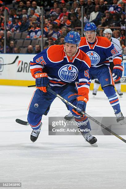 Ben Eager of the Edmonton Oilers skates on the ice in a game against the Los Angeles Kings on February 19, 2013 at Rexall Place in Edmonton, Alberta,...