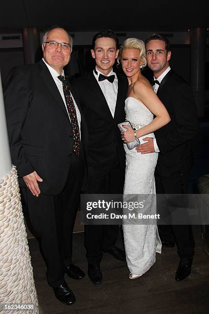 Mike McShane, Dylan Turner, Faye Tozer and Bradley Clarkson attend 'The Tailor-Made Man' press night after party at the Haymarket Hotel on January...