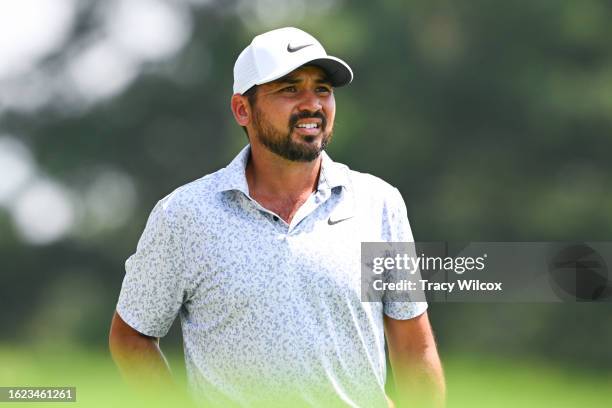 Jason Day of Australia at the ninth hole during the second round of the TOUR Championship at East Lake Golf Club on August 25, 2023 in Atlanta,...
