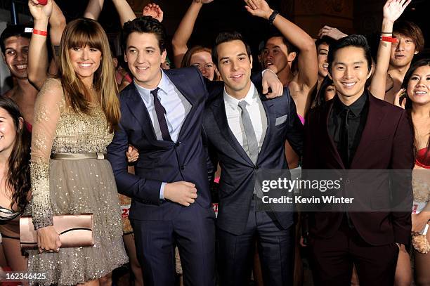 Actors Sarah Wright, Miles Teller, Skylar Astin and Justin Chon pose at the premiere of Relativity Media's "21 And Over" at the Village Theatre on...