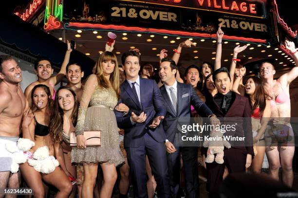 Actors Sarah Wright, Miles Teller, Skylar Astin and Justin Chon pose at the premiere of Relativity Media's "21 And Over" at the Village Theatre on...