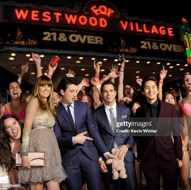 Actors Sarah Wright, Miles Teller, Skylar Astin and Justin Chon pose at the premiere of Relativity Media's "21 And Over" at the Village Theatre on...