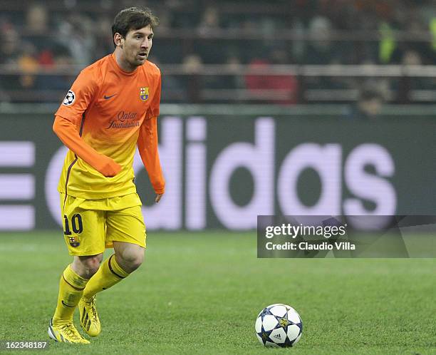 Lionel Messi of FC Barcelona during the UEFA Champions League Round of 16 first leg match between AC Milan and Barcelona at San Siro Stadium on...