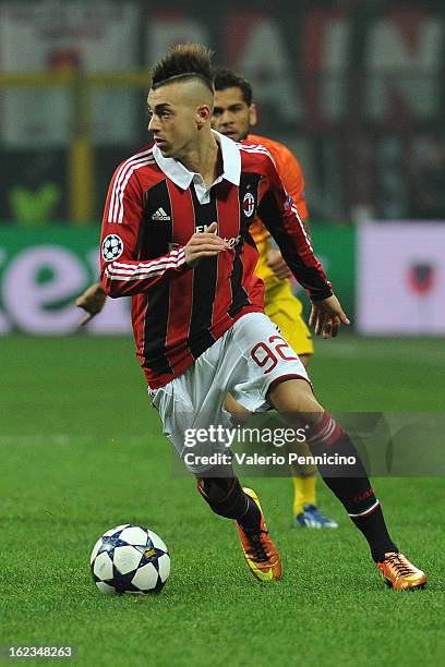 Stephan El Shaarawy of AC Milan in action during the UEFA Champions League Round of 16 first leg match between AC Milan and Barcelona at San Siro...