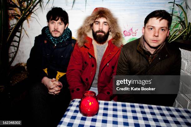 Avvon Chambers, Rob Jones and Stephen Black Sweet Baboo pose for portraits for their Album Launch at The Shackelwell Arms at on February 20, 2013 in...