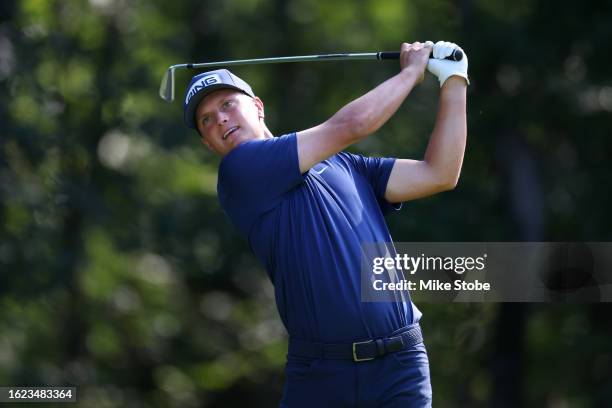 William Mouw hits his shot from the 11th tee during the second round of the Magnit Championship at Metedeconk National Golf Club on August 18, 2023...