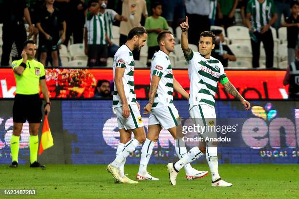 Guilherme Sitya of TUMOSAN Konyaspor celebrates with his teammates after scoring a goal during the Turkish Super Lig week 3 match between TUMOSAN...