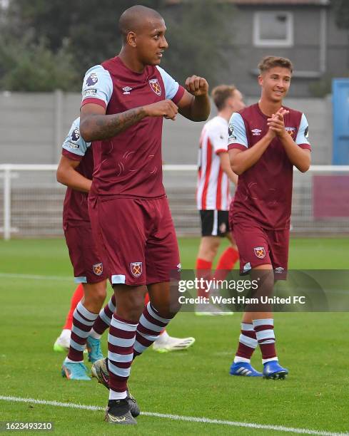 Luizao of West Ham United celebrates after scoring in the Premier League 2 match v Sunderland at Rush Green on August 18, 2023 in Romford, England.