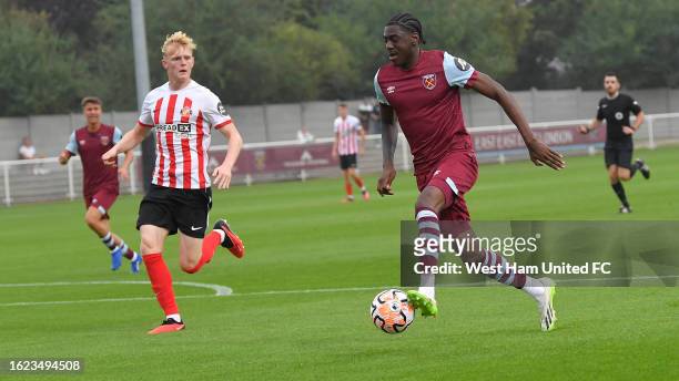 Divin Mubama of West Ham United in action during the Premier League 2 match v Sunderland at Rush Green on August 18, 2023 in Romford, England.