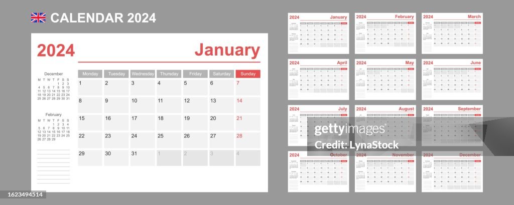 Britischer Kalender für 2024. Die Woche beginnt am Montag. Einfache Vektorvorlage. Business-Design-Planer.