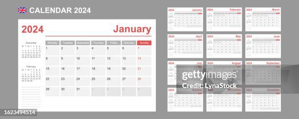 uk calendar for 2024. week starts on monday. simple vector template. business design planner. - saturday calendar stock illustrations
