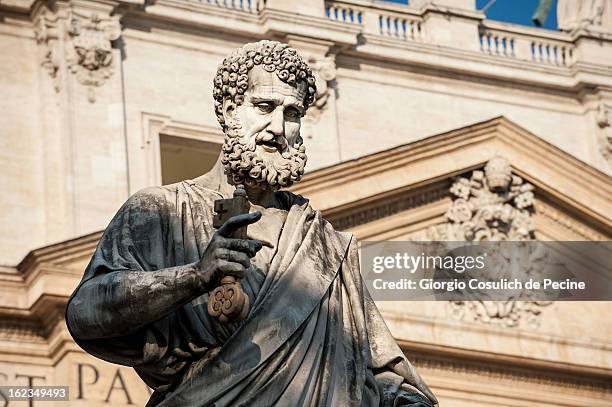 General view of the statue of Saint Peter in St. Peter's Square on February 19, 2013 in Vatican City, Vatican. Pope Benedict XVI will hold his last...