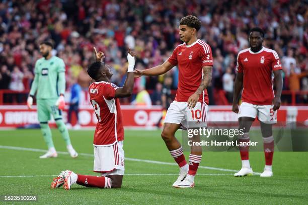 Taiwo Awoniyi of Nottingham Forest celebrates after scoring the team's first goal during the Premier League match between Nottingham Forest and...