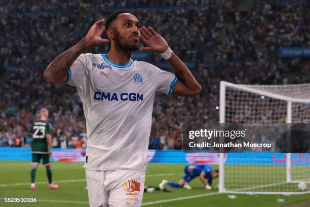 Pierre-Emerick Aubameyang of Olympique De Marseille celebrates after scoring his second goal to give the side a 2-0 lead the UEFA Champions League...