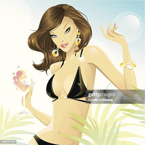 heißer sommer (brunette - pretty brunette woman cartoon stock-grafiken, -clipart, -cartoons und -symbole