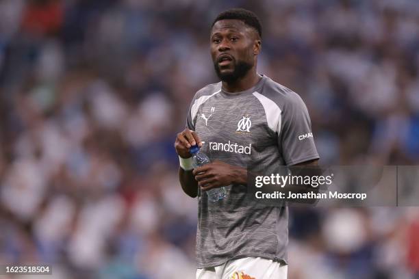 Chancel Mbemba Mangulu of Olympique De Marseille looks on during the warm up prior to the UEFA Champions League Third Qualifying Round 2nd Leg match...