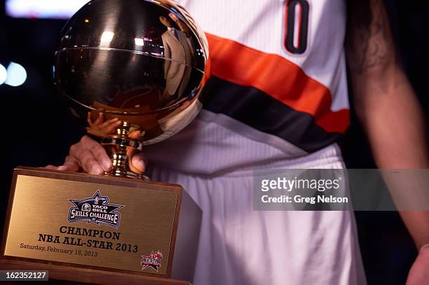 Skills Challenge: Closeup of Portland Trail Blazers Damian Lillard victorious with trophy after winning challenge during All-Star Weekend at Toyota...