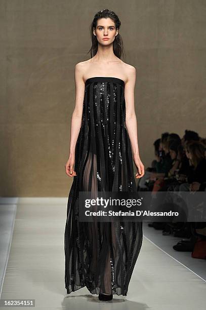 Model walks the runway at the Blumarine fashion show during Milan Fashion Week Womenswear Fall/Winter 2013/14 on February 22, 2013 in Milan, Italy.