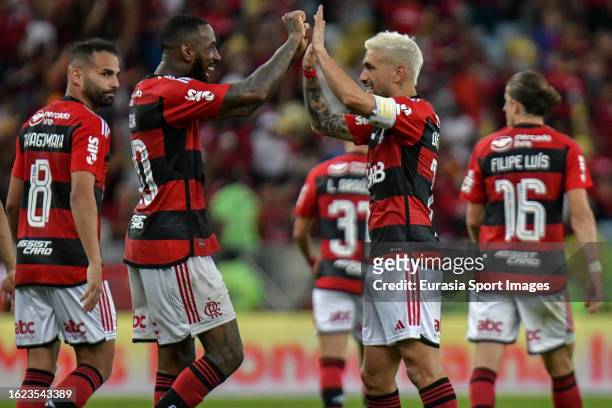 Giorgian De Arrascaeta of Flamengo celebrating his goal with his teammate Gerson da Silva of Flamengo during Copa do Brasil 2023 match between...