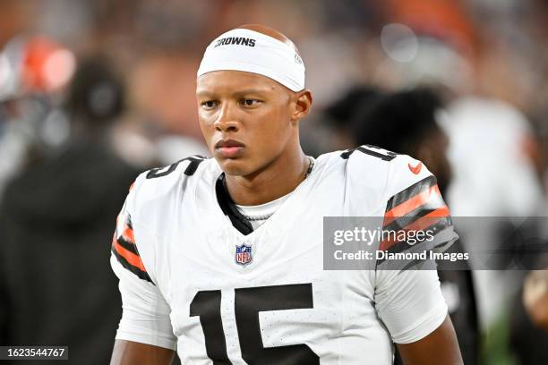 Joshua Dobbs of the Cleveland Browns looks on prior to a preseason game against the Washington Commanders at Cleveland Browns Stadium on August 11,...