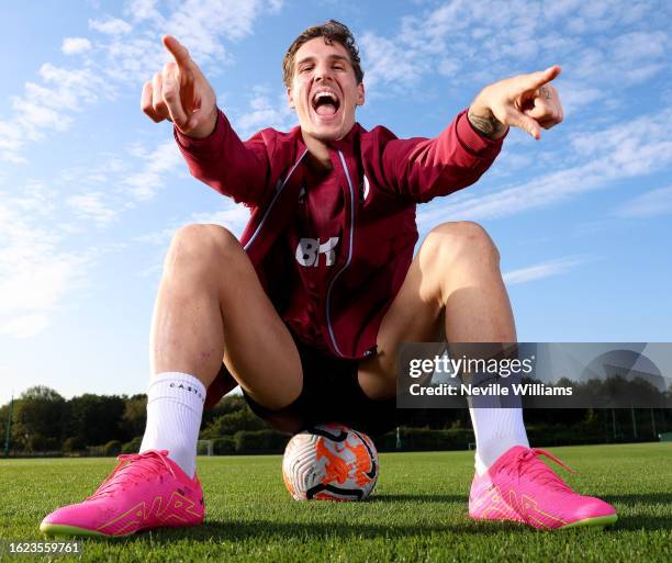 New signing Nicolo Zaniolo poses for a pictures at Bodymoor Heath training ground on August 17, 2023 in Birmingham, England.
