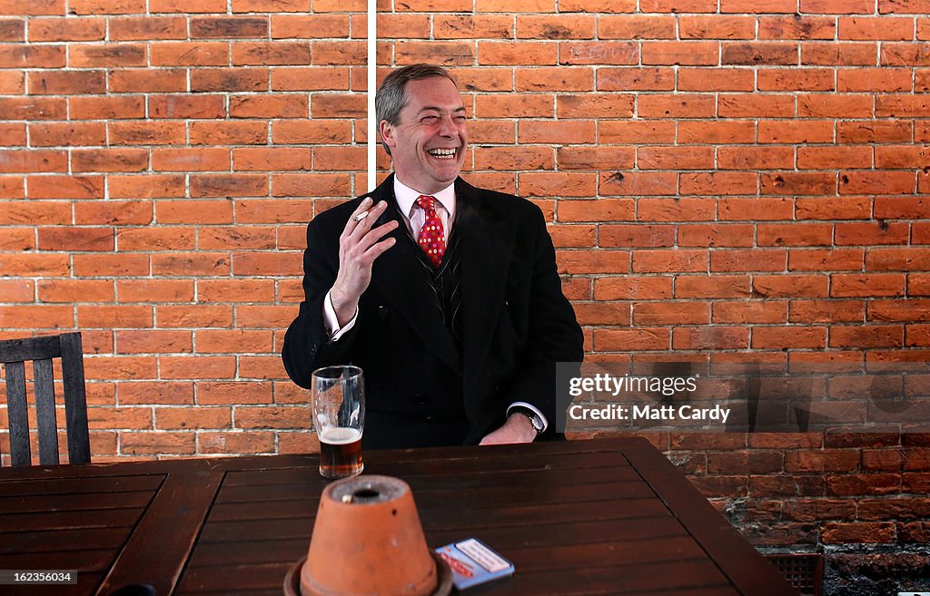 UKIP Leader Nigel Farage Visits Eastleigh To Canvass With Candidate Diane James