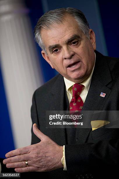 Ray LaHood, U.S. Secretary of transportation, speaks in the Brady Press Briefing Room at the White House in Washington, D.C., U.S., on Friday, Feb....