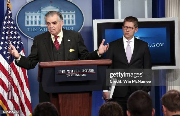 Secretary of Transportation Ray LaHood answers questions during a briefing as the White House with Press Secretary Jay Carney looks onFebruary 22,...