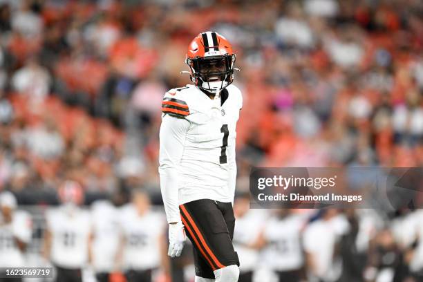 Juan Thornhill of the Cleveland Browns celebrates during the first half of a preseason game against the Washington Commanders at Cleveland Browns...