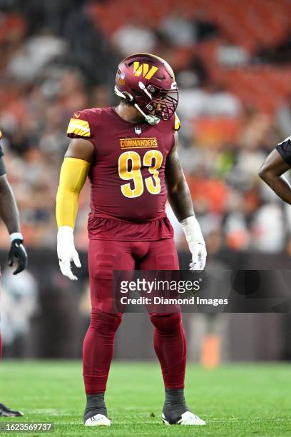 Jonathan Allen of the Washington Commanders looks on during the first half of a preseason game against the Cleveland Browns at Cleveland Browns...