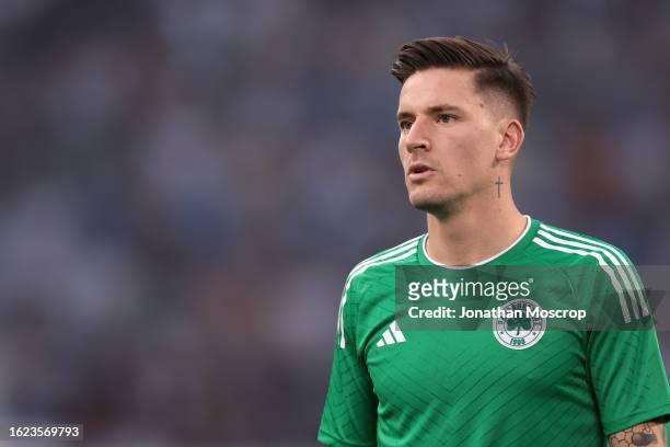 Benjamin Verbic of Panathinaikos FC looks on during the warm up prior to the UEFA Champions League Third Qualifying Round 2nd Leg match between...