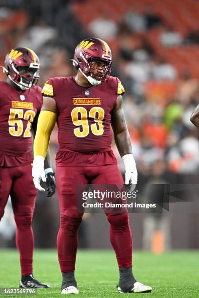 Jonathan Allen of the Washington Commanders looks on during the first half of a preseason game against the Cleveland Browns at Cleveland Browns...