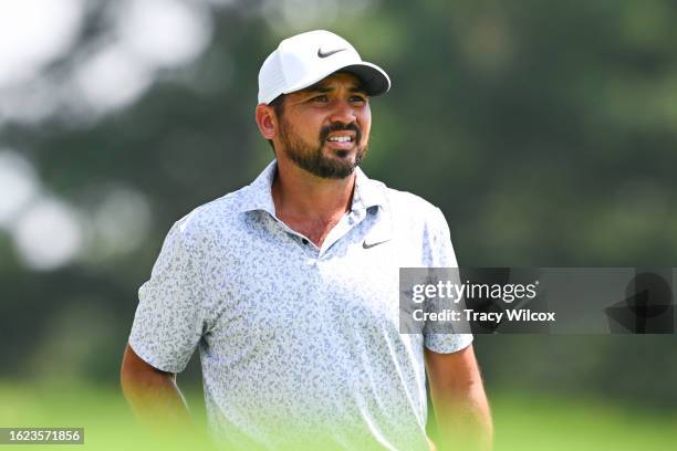 Jason Day of Australia at the ninth hole during the second round of the TOUR Championship at East Lake Golf Club on August 25, 2023 in Atlanta,...